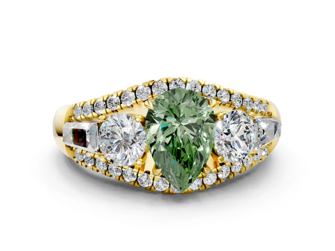 Yellow gold Three-Stone Fancy Green Pear Cut Diamond Engagement Ring with Pave Band and Prong Setting