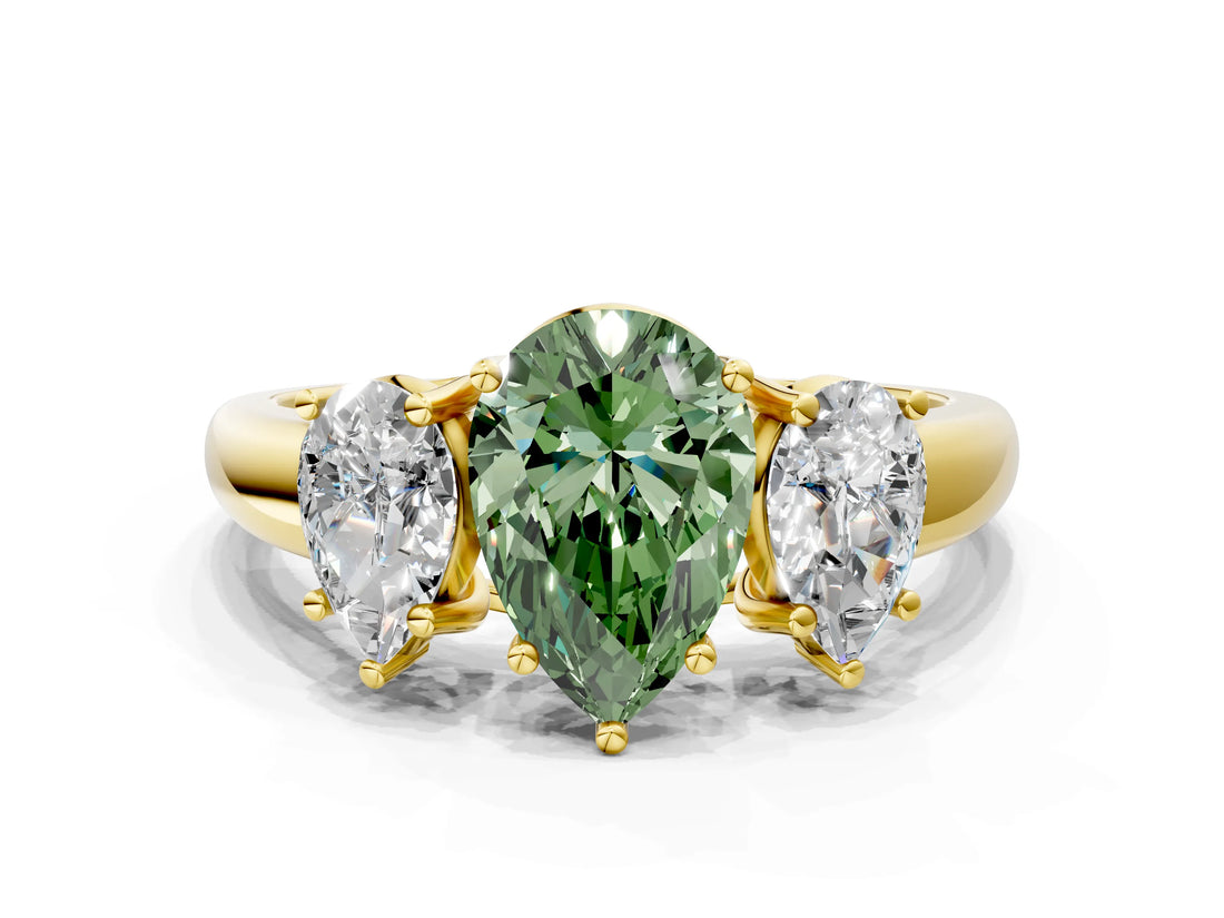 Yellow gold Three-Stone Fancy Green Pear Cut Diamond Engagement Ring with Prong Setting_3