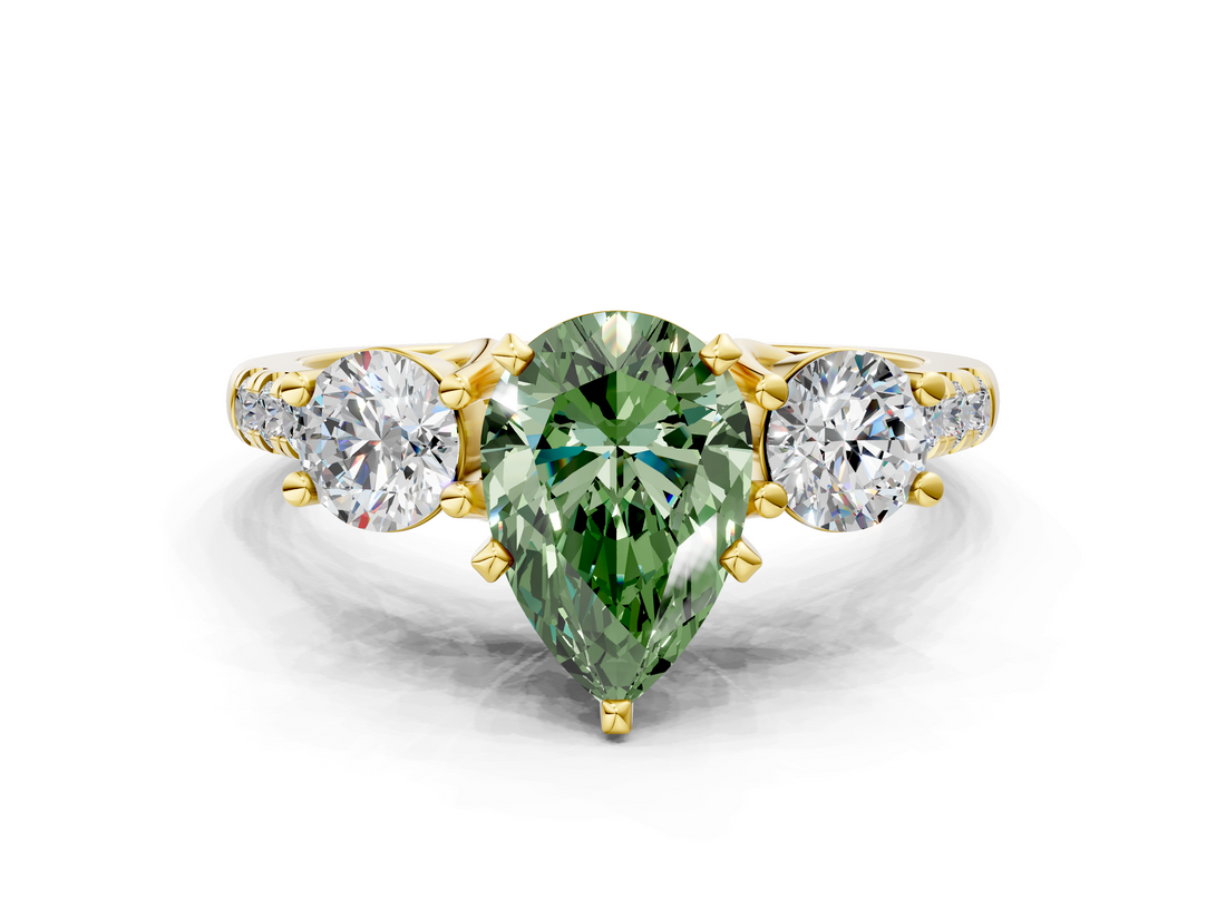Yellow gold Three-Stone Fancy Green Pear  Cut Diamond Pavé Band with Four-Prong Setting_28
