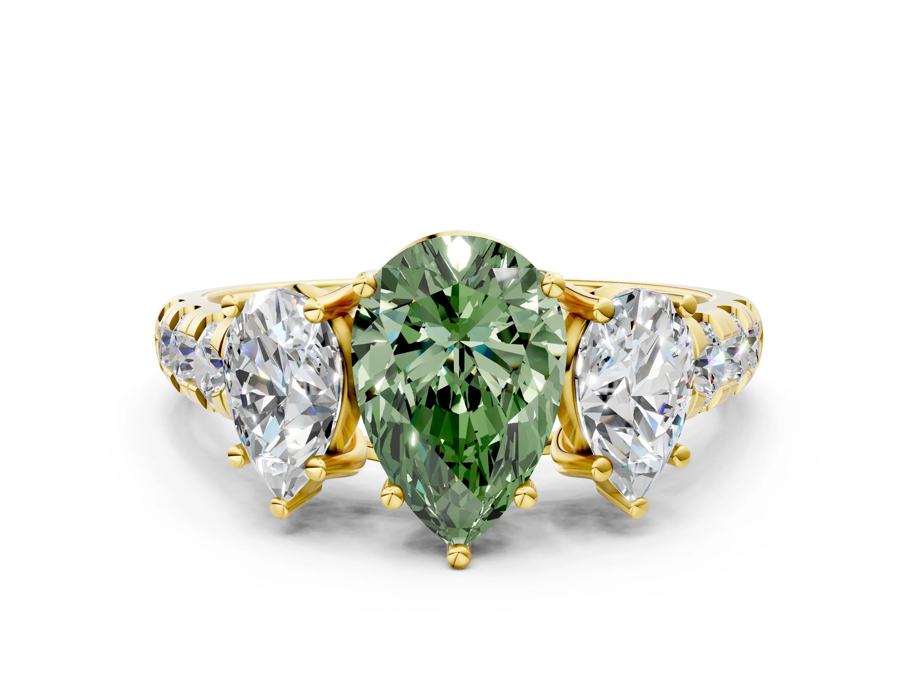 Yellow gold Three-Stone Fancy Green Pear Cut Diamond Pavé Band with Prong Setting