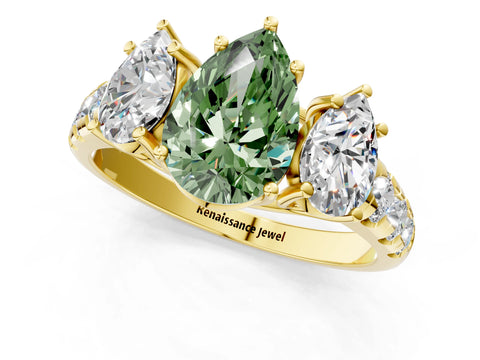 Yellow gold Three-Stone Fancy Green Pear Cut Diamond Pavé Band with Prong Setting_1