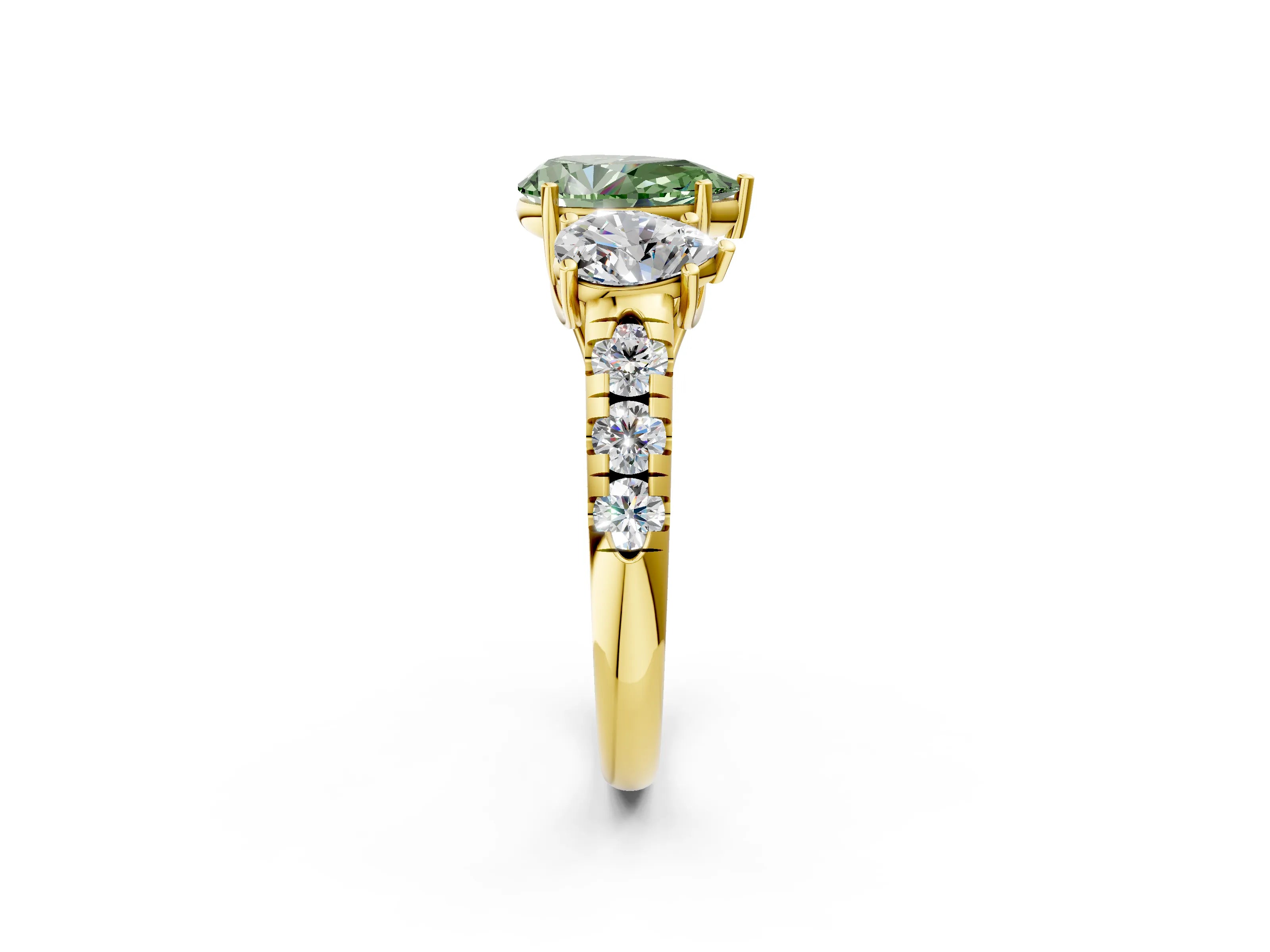 Yellow gold Three-Stone Fancy Green Pear Cut Diamond Pavé Band with Prong Setting_2
