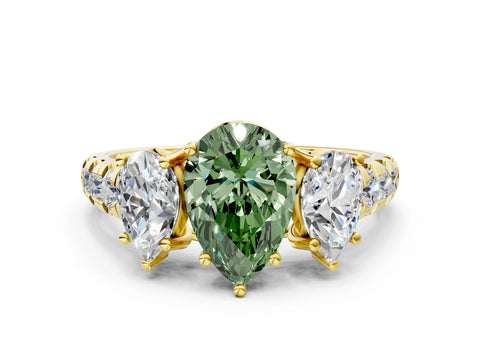 Yellow gold Three-Stone Fancy Green Pear Cut Diamond Pavé Band with Prong Setting