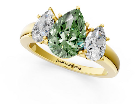 Yellow gold Three-Stone Fancy Green Pear  Cut Diamond Ring with Channel-Set Band and Four-Prong Setting_45