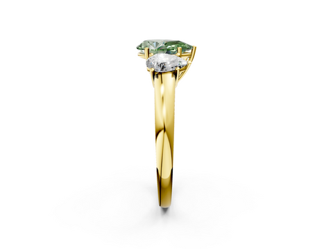 Yellow gold Three-Stone Fancy Green Pear  Cut Diamond Ring with Channel-Set Band and Four-Prong Setting_46