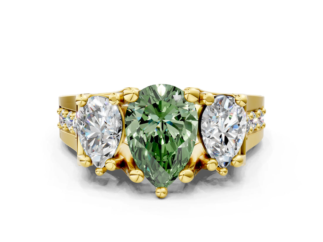 Yellow gold Three-Stone Fancy Green Pear  Cut Diamond Ring with Channel-Set Band and Four-Prong Setting_49