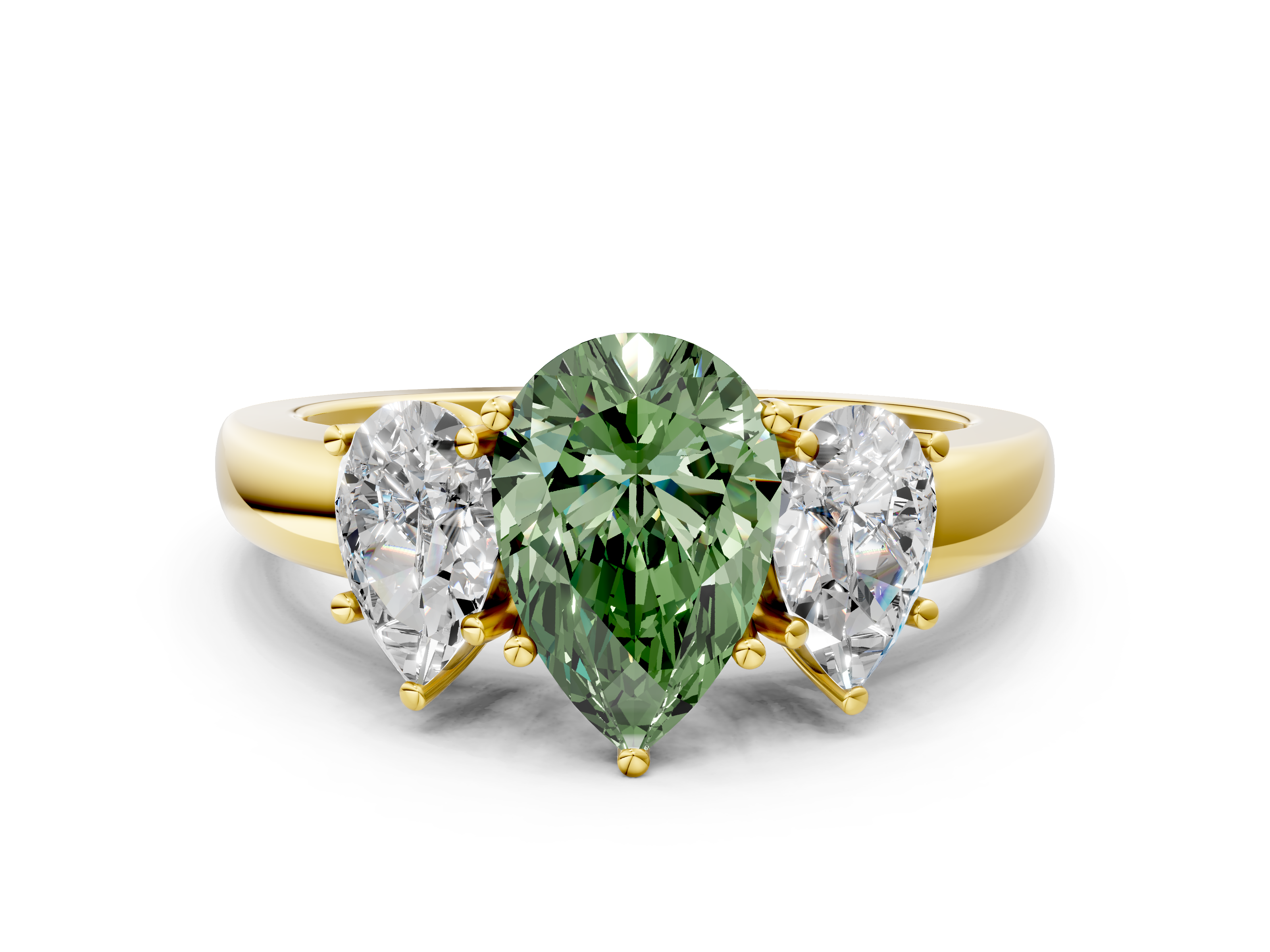 Yellow gold Three-Stone Fancy Green Pear  Cut Diamond Ring with Channel-Set Band and Four-Prong Setting_61
