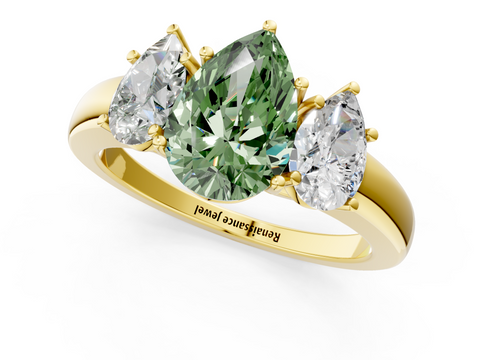 Yellow gold Three-Stone Fancy Green Pear  Cut Diamond Ring with Channel-Set Band and Four-Prong Setting_62