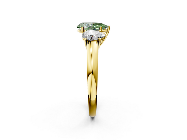 Yellow gold Fancy Green Pear Cut Diamond Three-Stone Ring with Four-Prong Setting and Classic Band