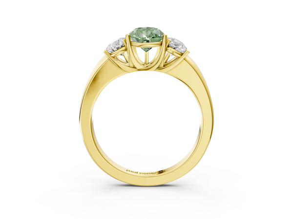 Yellow gold Fancy Green Pear Cut Diamond Three-Stone Ring with Four-Prong Setting and Classic Band