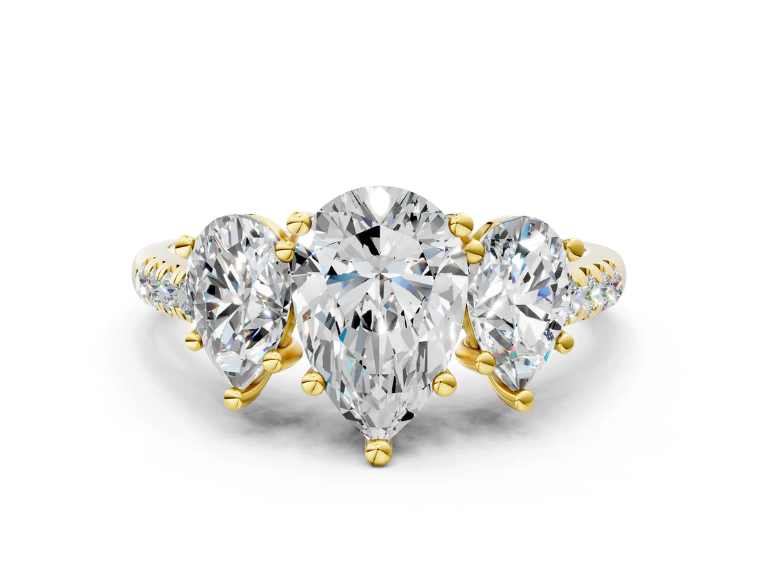 Yellow gold Three-Stone Fancy Green Pear Cut Diamond Ring with Pavé Band and Prong Setting_69