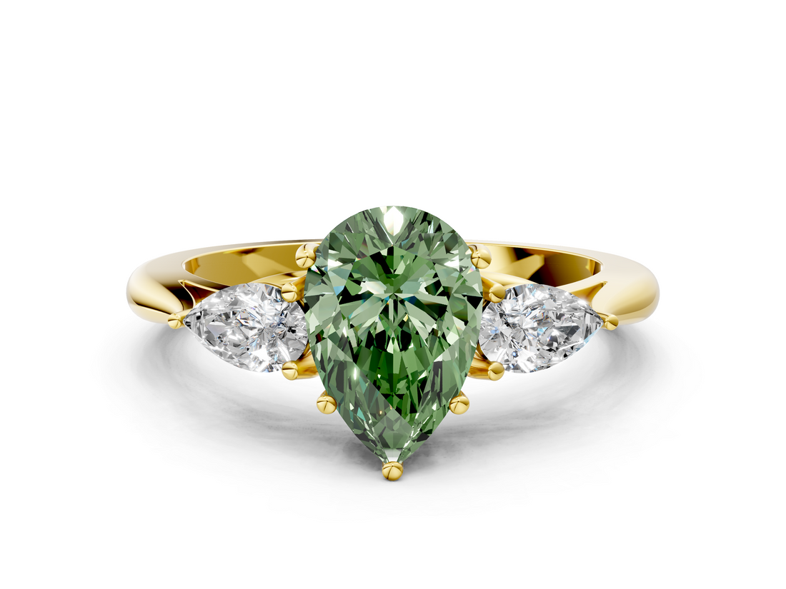Yellow gold Three-Stone Fancy Green Pear  Cut Diamond Ring with Pear Side Stones in Four-Prong Setting_110