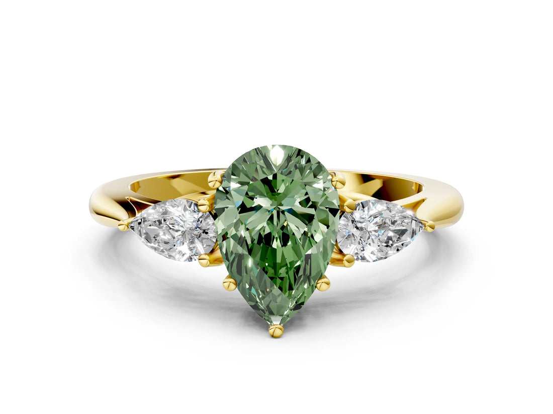 Yellow gold Three-Stone Fancy Green Pear Cut Diamond Ring with Pear  Side Stones in Four-Prong Setting_48