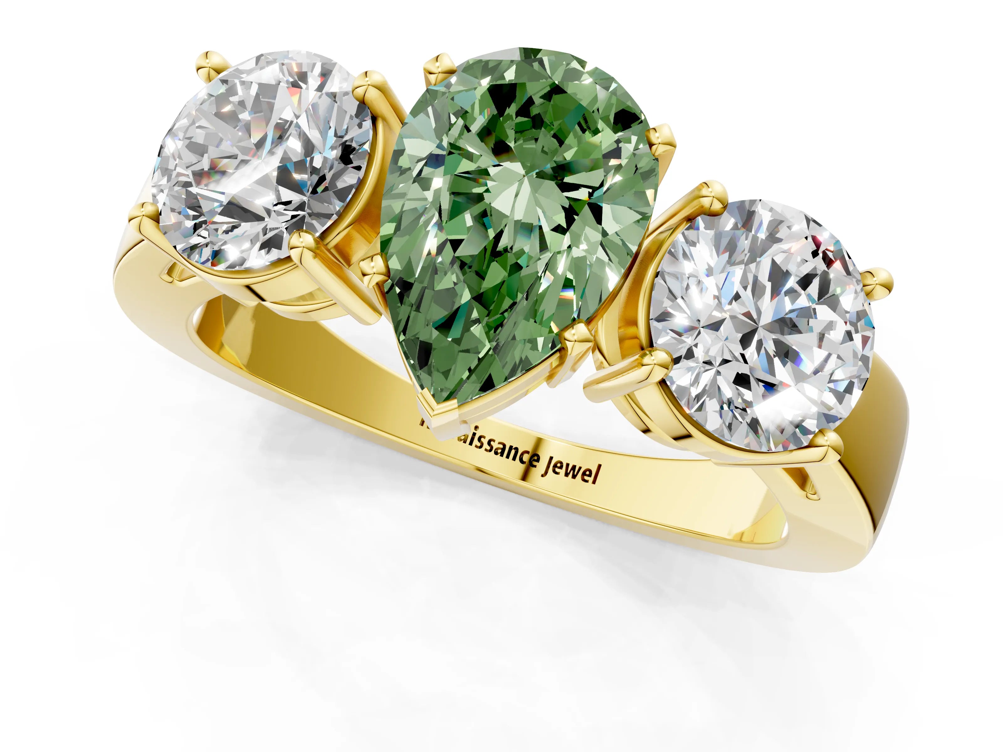 Yellow gold Three-Stone Fancy Green Pear Cut Diamond Ring with Round Side Stones, Classic Band, and Four-Prong Setting_1