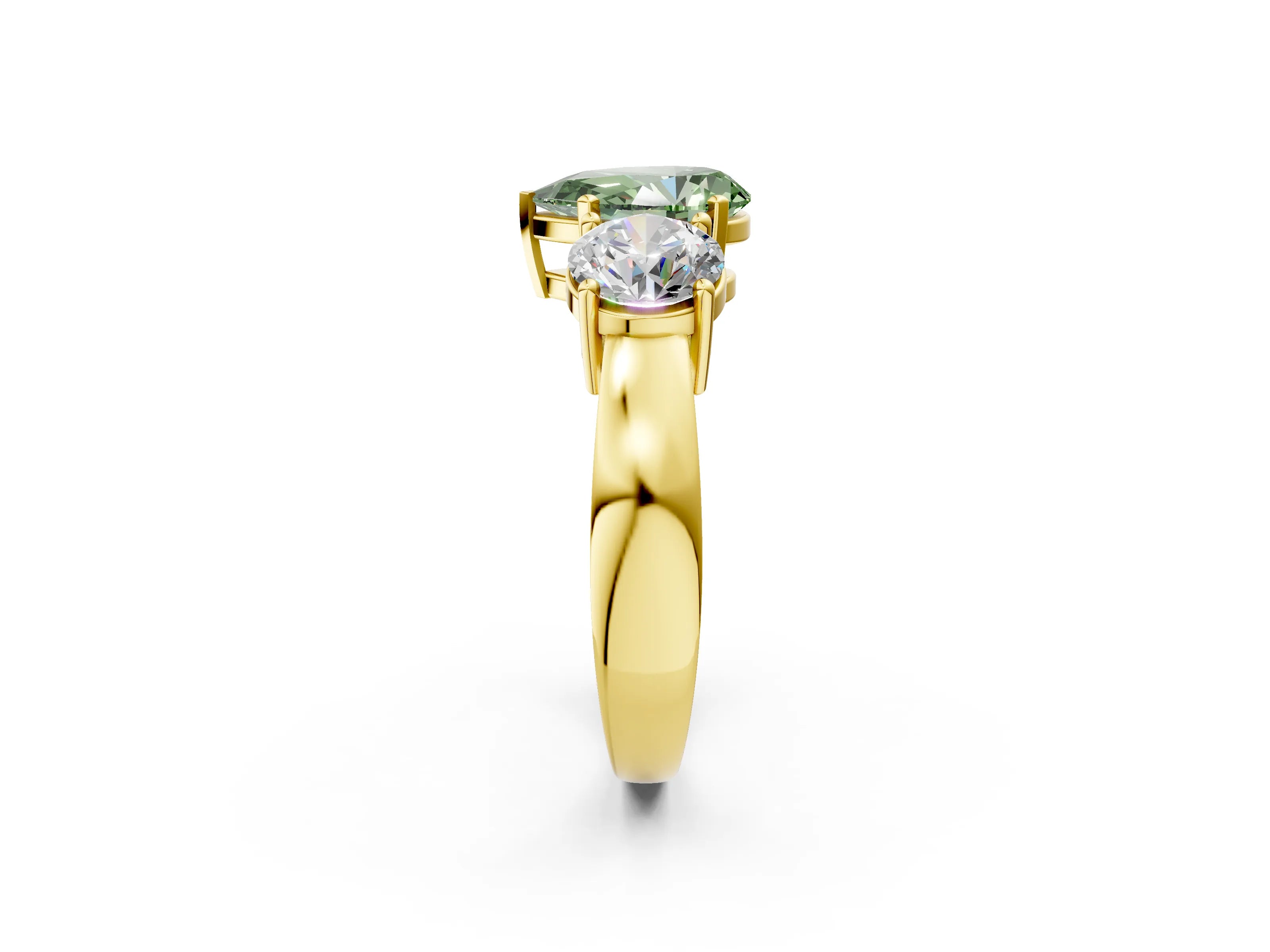 Yellow gold Three-Stone Fancy Green Pear Cut Diamond Ring with Round Side Stones, Classic Band, and Four-Prong Setting_2