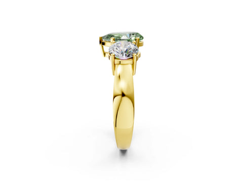 Yellow gold Three-Stone Fancy Green Pear Cut Diamond Ring with Round Side Stones, Classic Band, and Four-Prong Setting_2