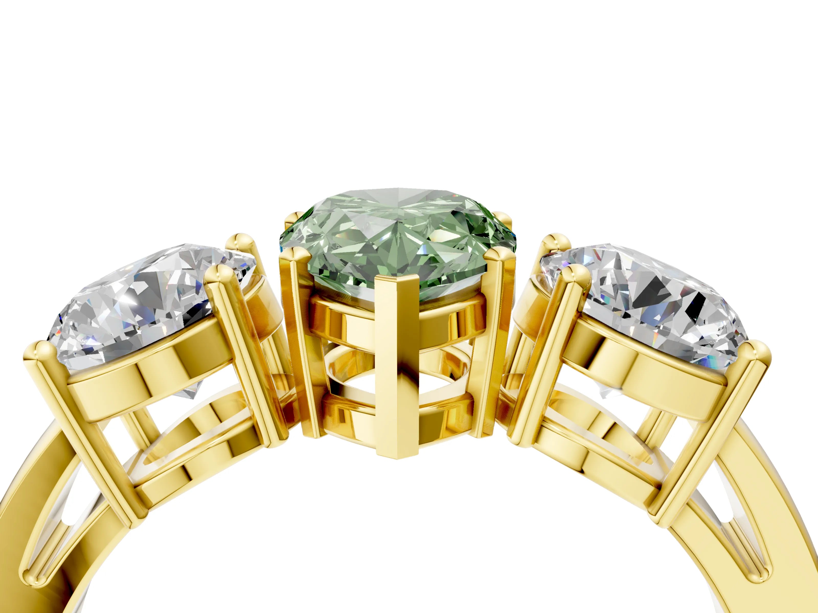 Yellow gold Three-Stone Fancy Green Pear Cut Diamond Ring with Round Side Stones, Classic Band, and Four-Prong Setting_4