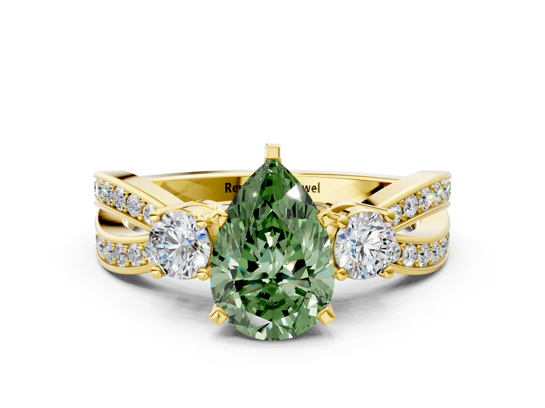 Yellow gold Three-Stone Fancy Green Pear  Cut Diamond Twist Band with Prong Setting_56