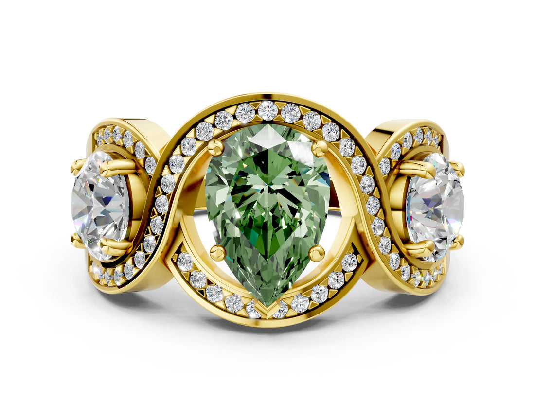 Yellow gold Three-Stone Fancy Green Pear Cut Diamond Wave Pave Band with Prong Setting_24