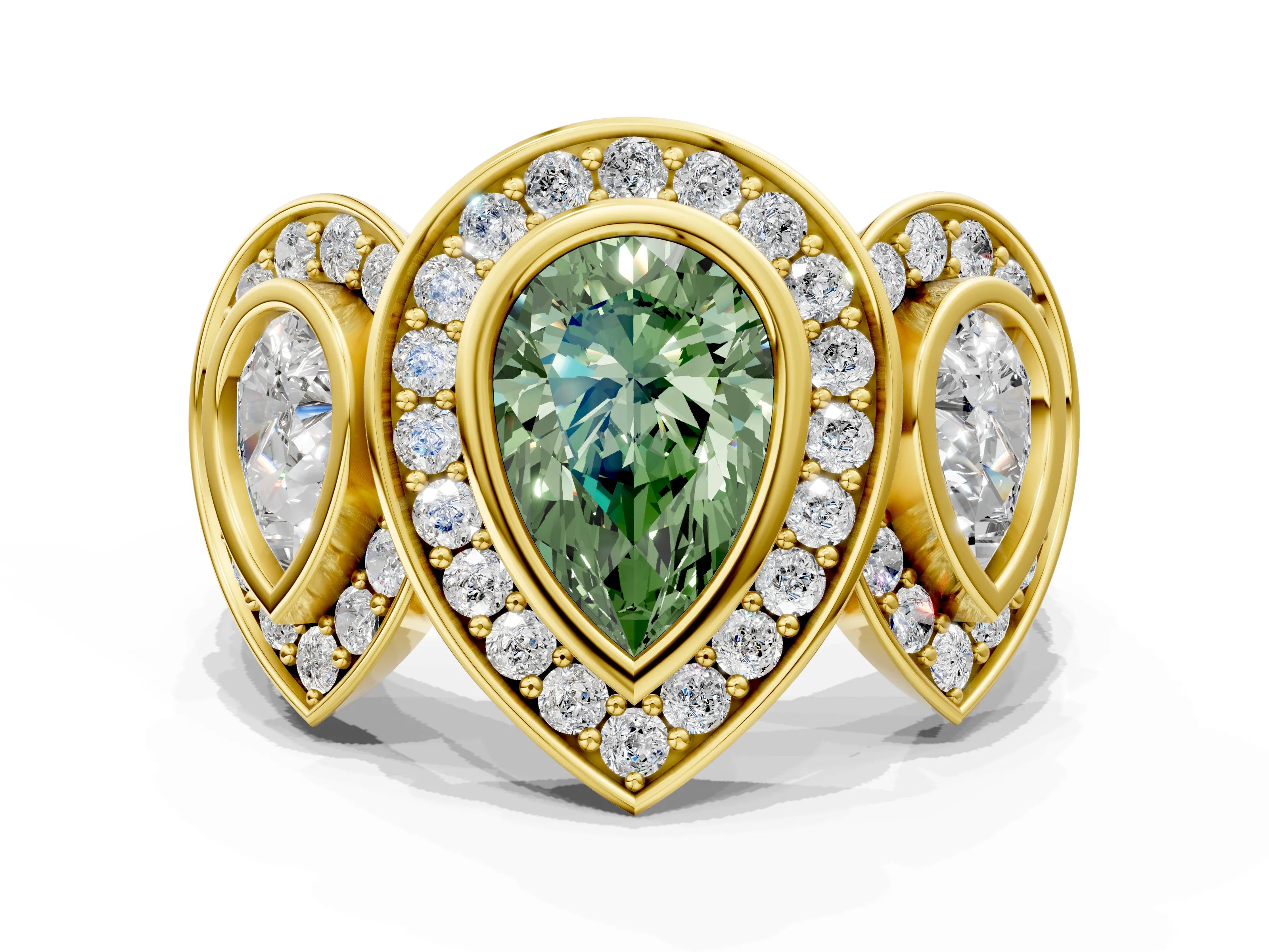 Yellow gold Three-Stone Fancy Green Pear Cut Halo Pavé Diamond Ring