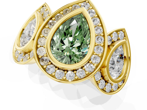 Yellow gold Three-Stone Fancy Green Pear Cut Halo Pavé Diamond Ring_1