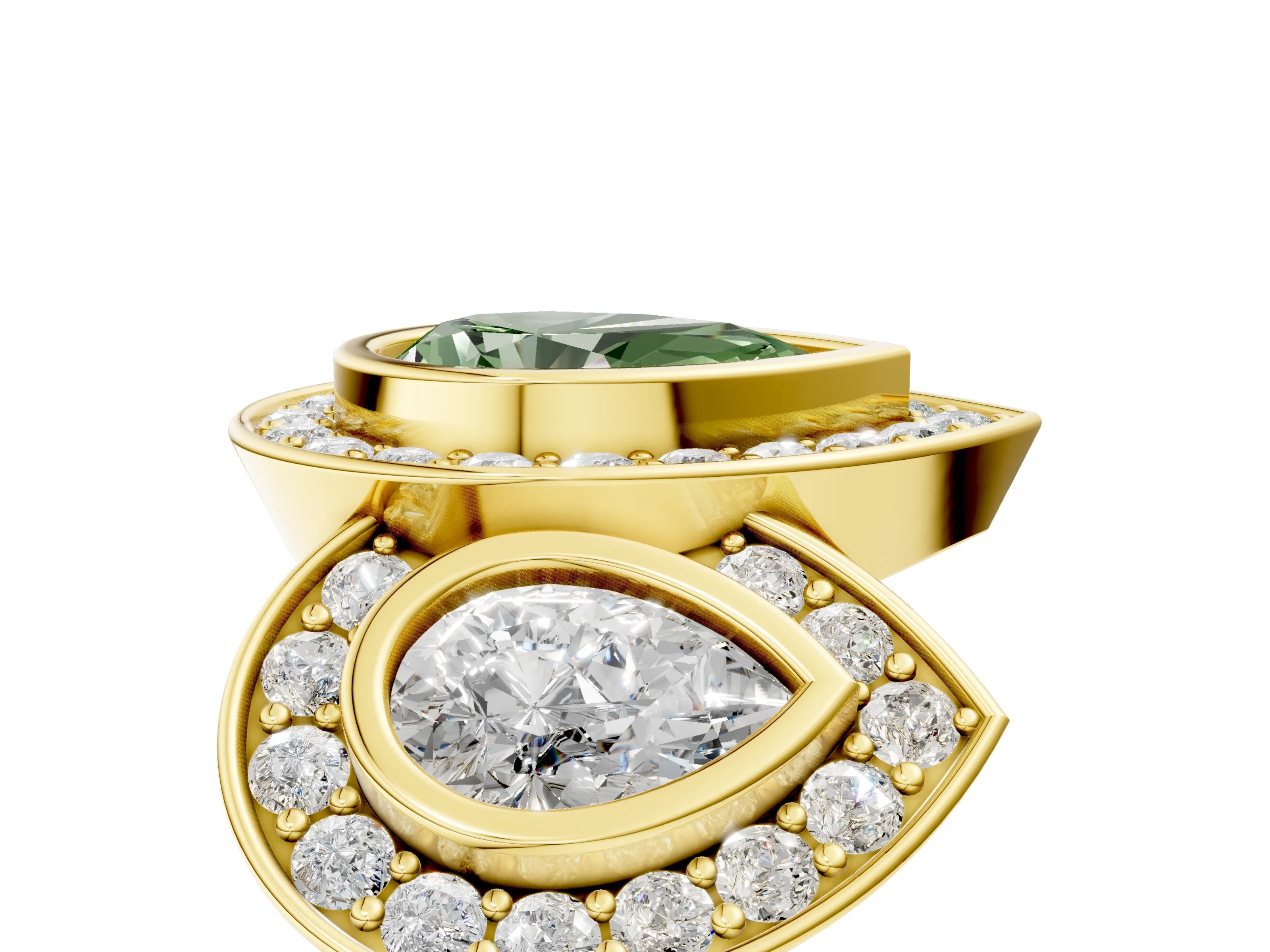 Yellow gold Three-Stone Fancy Green Pear Cut Halo Pavé Diamond Ring_5
