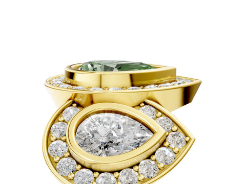 Yellow gold Three-Stone Fancy Green Pear Cut Halo Pavé Diamond Ring_5