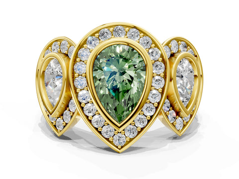 Yellow gold Three-Stone Fancy Green Pear Cut Halo Pavé Diamond Ring