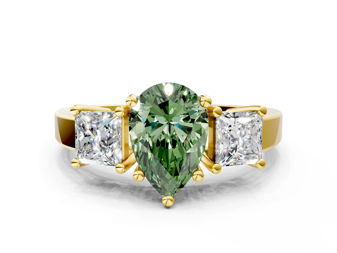 Yellow gold Three-Stone Fancy Green Pear  Cut Solitaire Ring with Prong Setting_3