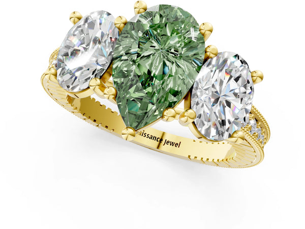 Yellow Gold Pear-Shaped Three-Stone Engagement Ring Setting for Fancy Green Center with Pave Band