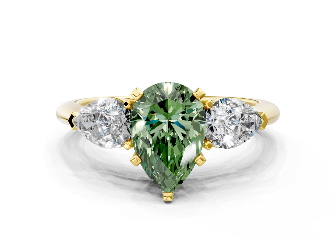 Yellow gold Three-Stone Fancy Green Pear  Diamond Ring with Pear Side Stones in Four-Prong Setting_45