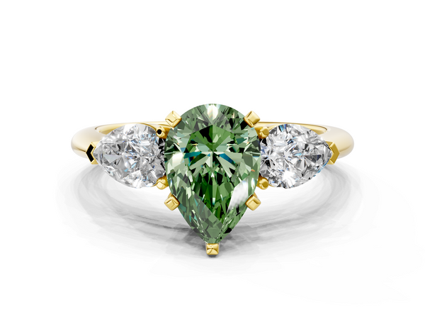 Yellow gold Three-Stone Fancy Green Pear Cut Diamond Ring with Pear Side Stones and Four-Prong Setting