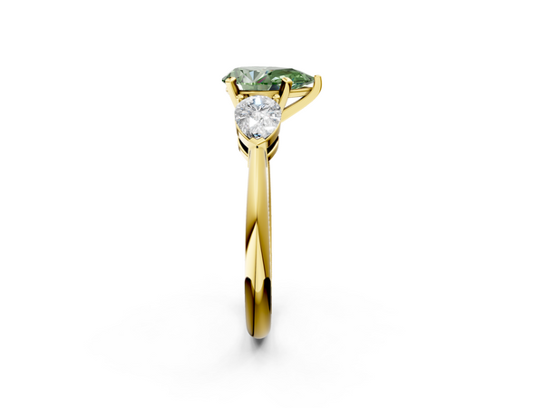 Yellow gold Three-Stone Fancy Green Pear Cut Diamond Ring with Pear Side Stones and Four-Prong Setting