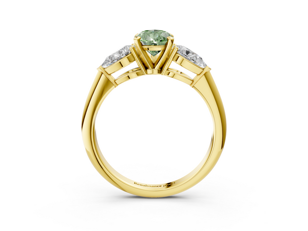 Yellow gold Three-Stone Fancy Green Pear Cut Diamond Ring with Pear Side Stones and Four-Prong Setting