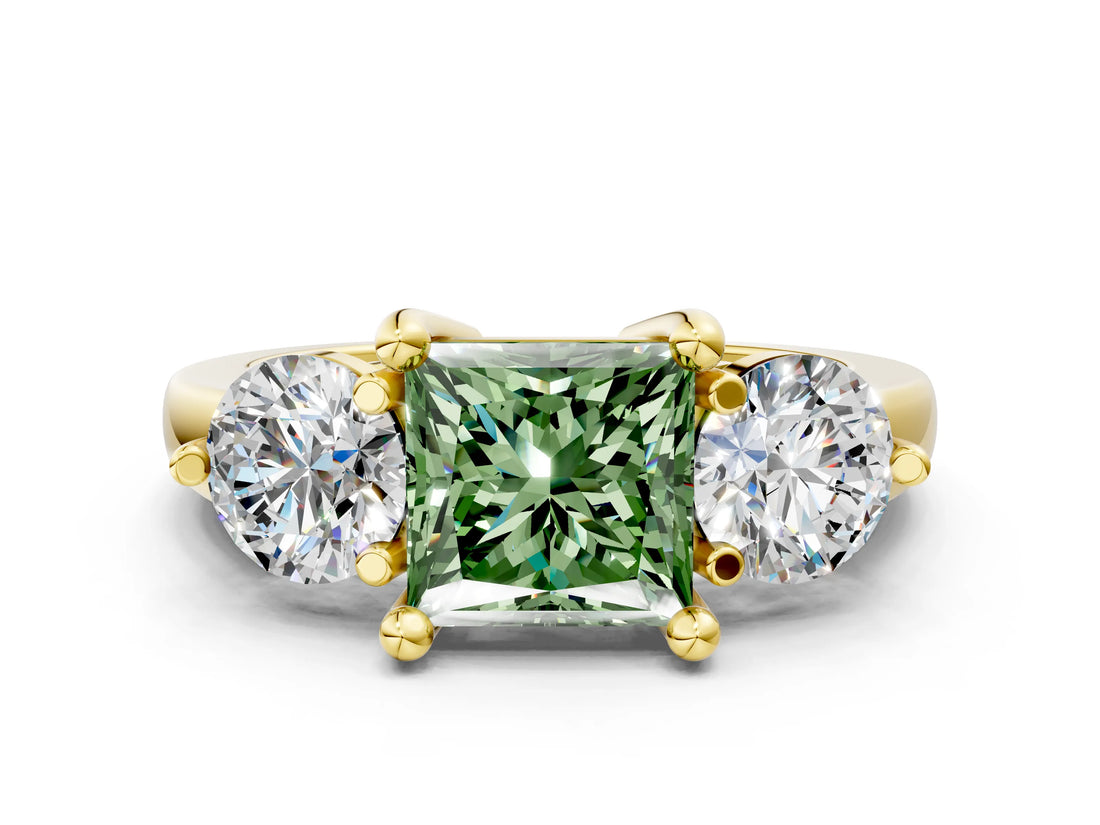 Yellow gold Three-Stone Fancy Green Princess  Brilliant Cut Solitaire Ring with Prong Setting on a Classic Band 1