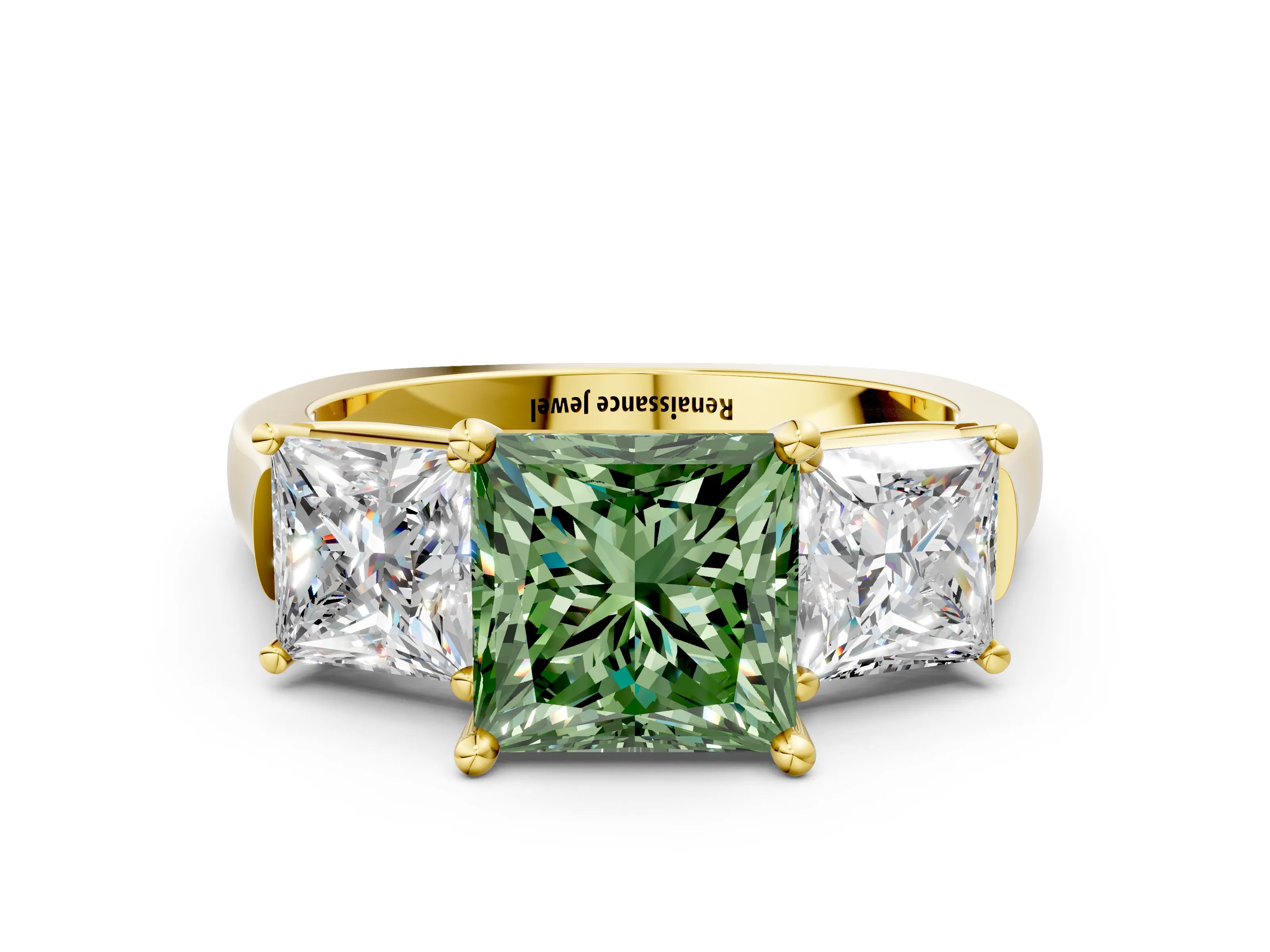Yellow gold Three-Stone Fancy Green Princess Cut Brilliant Diamond Trellis Ring with Comfort Fit Band