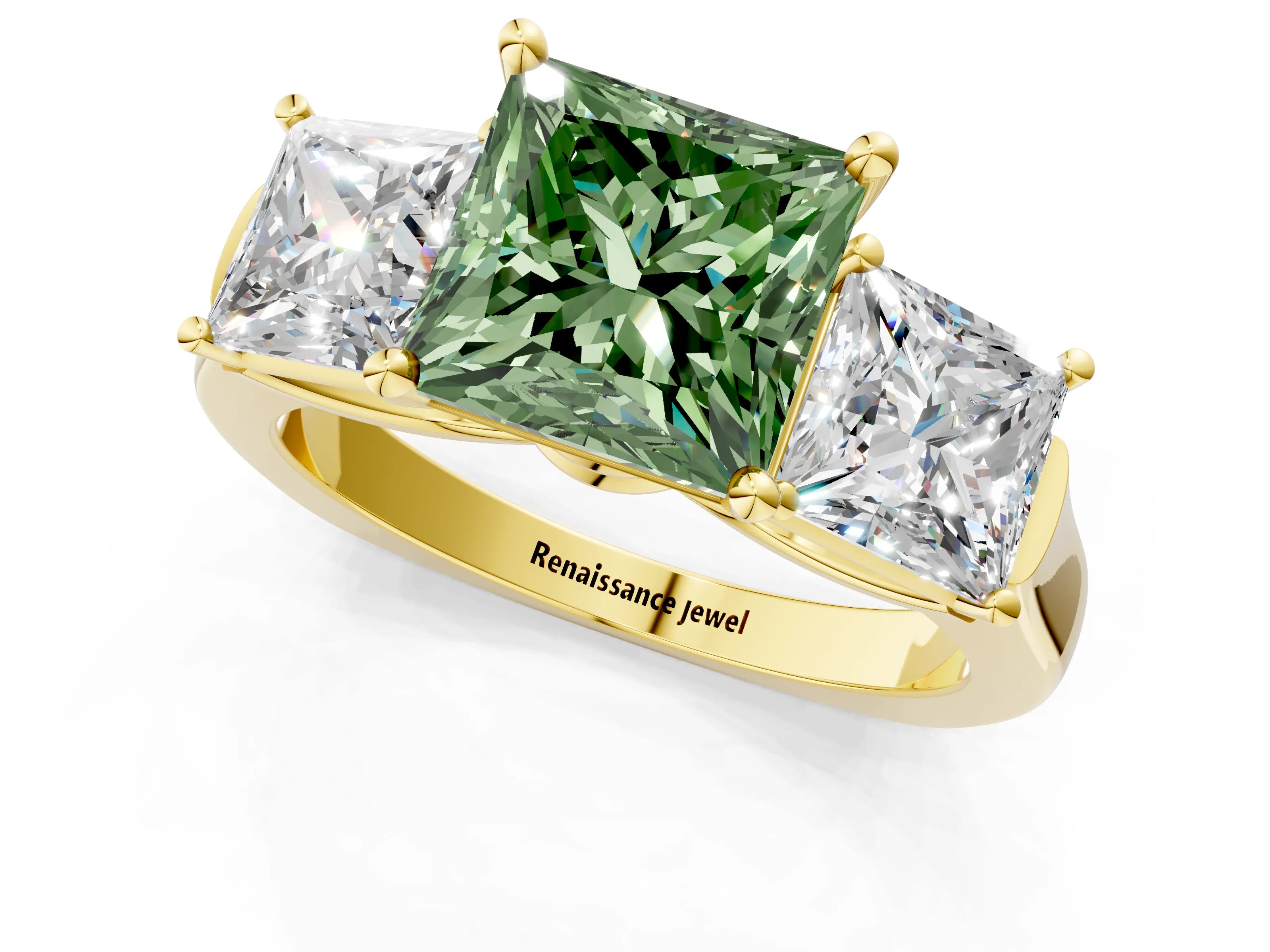 Yellow gold Three-Stone Fancy Green Princess Cut Brilliant Diamond Trellis Ring with Comfort Fit Band_1