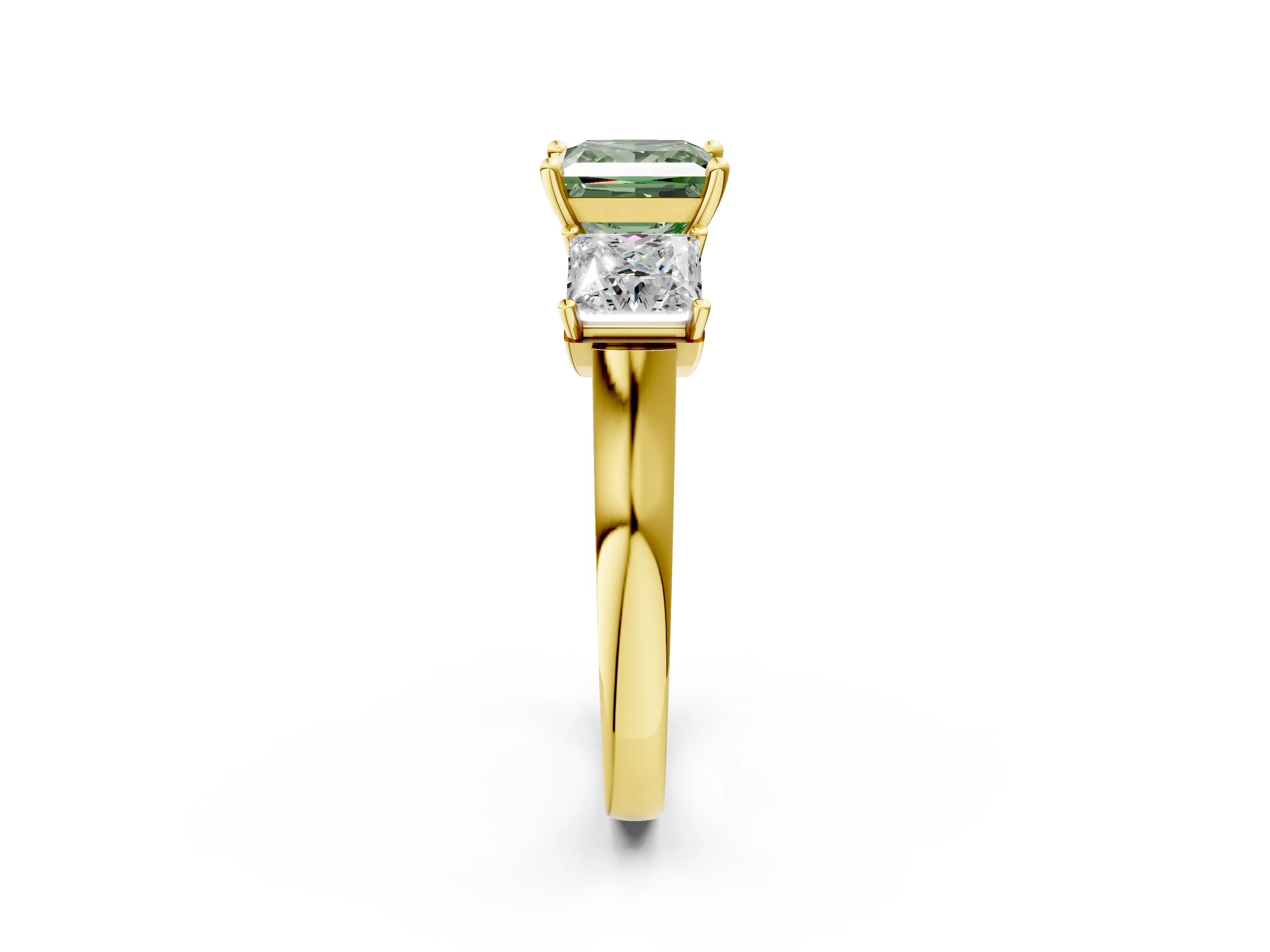 Yellow gold Three-Stone Fancy Green Princess Cut Brilliant Diamond Trellis Ring with Comfort Fit Band_2