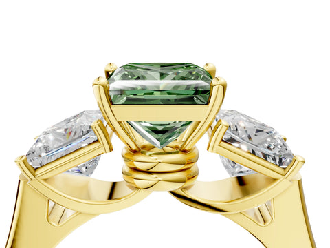 Yellow gold Three-Stone Fancy Green Princess Cut Brilliant Diamond Trellis Ring with Comfort Fit Band_4