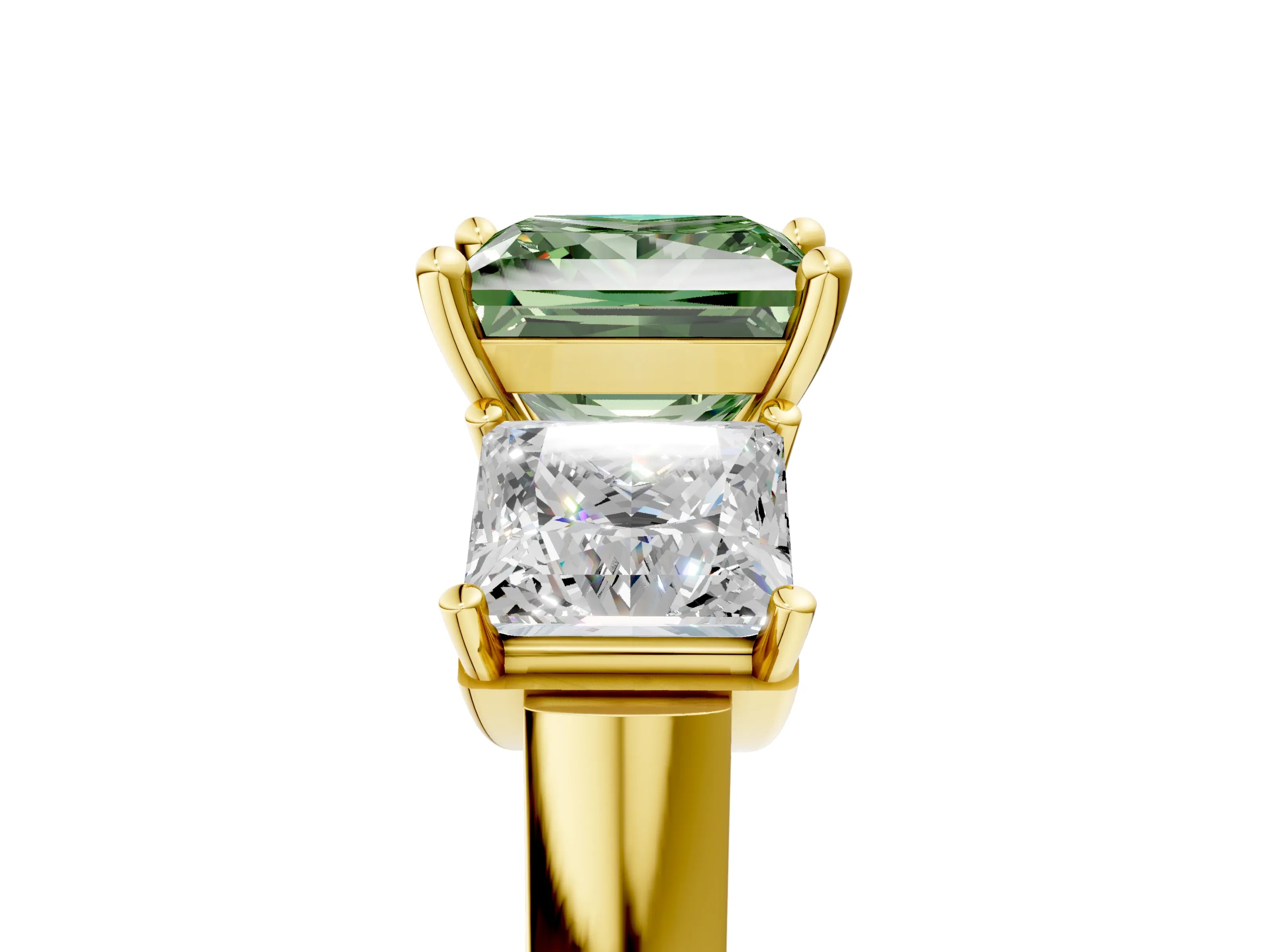 Yellow gold Three-Stone Fancy Green Princess Cut Brilliant Diamond Trellis Ring with Comfort Fit Band_5