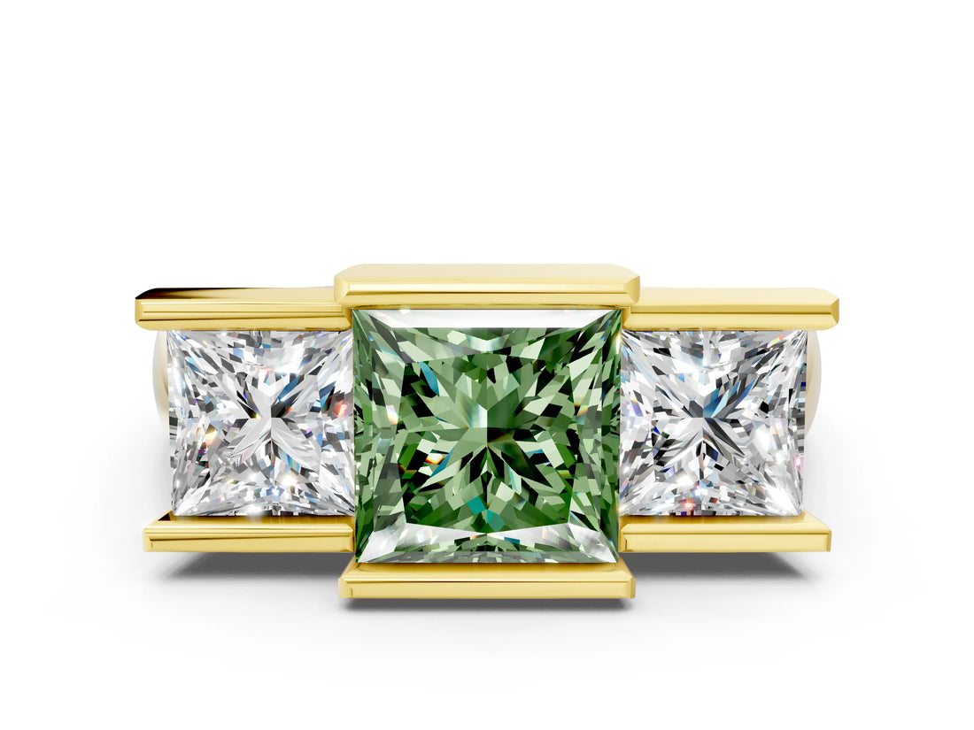 Yellow gold Three Stone Fancy Green Princess Cut Cut Channel Set Diamond Ring