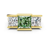 Yellow gold Three Stone Fancy Green Princess Cut Cut Channel Set Diamond Ring