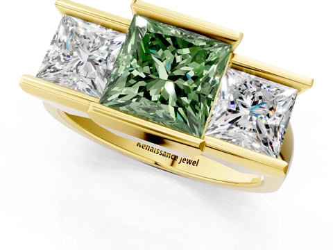 Yellow gold Three Stone Fancy Green Princess Cut Cut Channel Set Diamond Ring_1