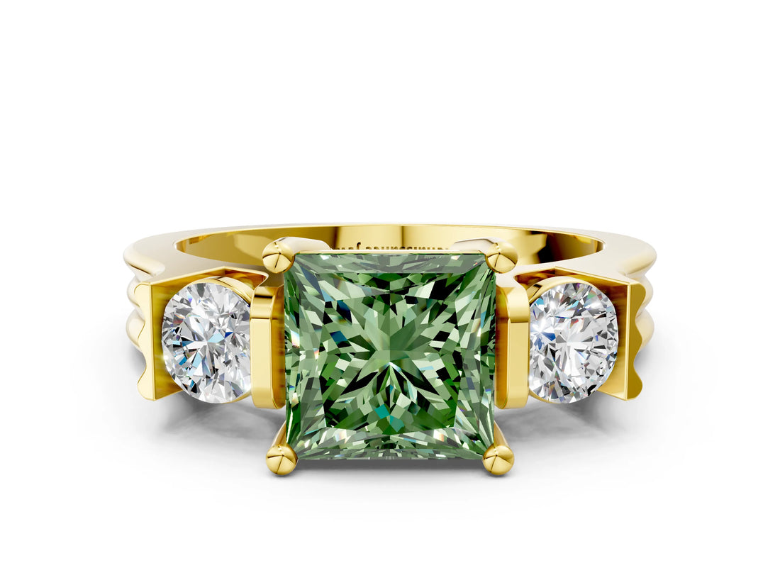 Yellow gold Three-Stone Fancy Green Princess Cut Cut Classic Band Prong Setting Ring