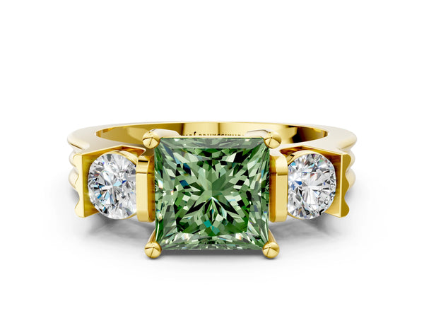 Yellow gold Three-Stone Fancy Green Princess Cut Classic Band Prong Setting Ring