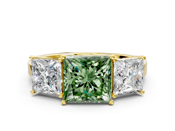 Yellow gold Three-Stone Fancy Green Princess Cut Cut Diamond Engagement Ring with Flat Band and Four-Prong Setting