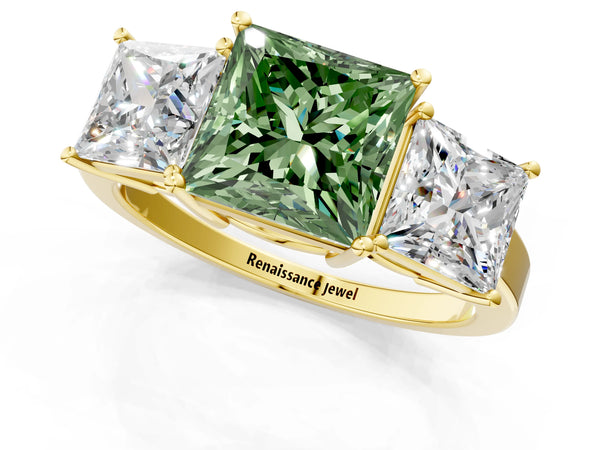 Yellow gold Three-Stone Fancy Green Princess Cut Cut Diamond Engagement Ring with Flat Band and Four-Prong Setting