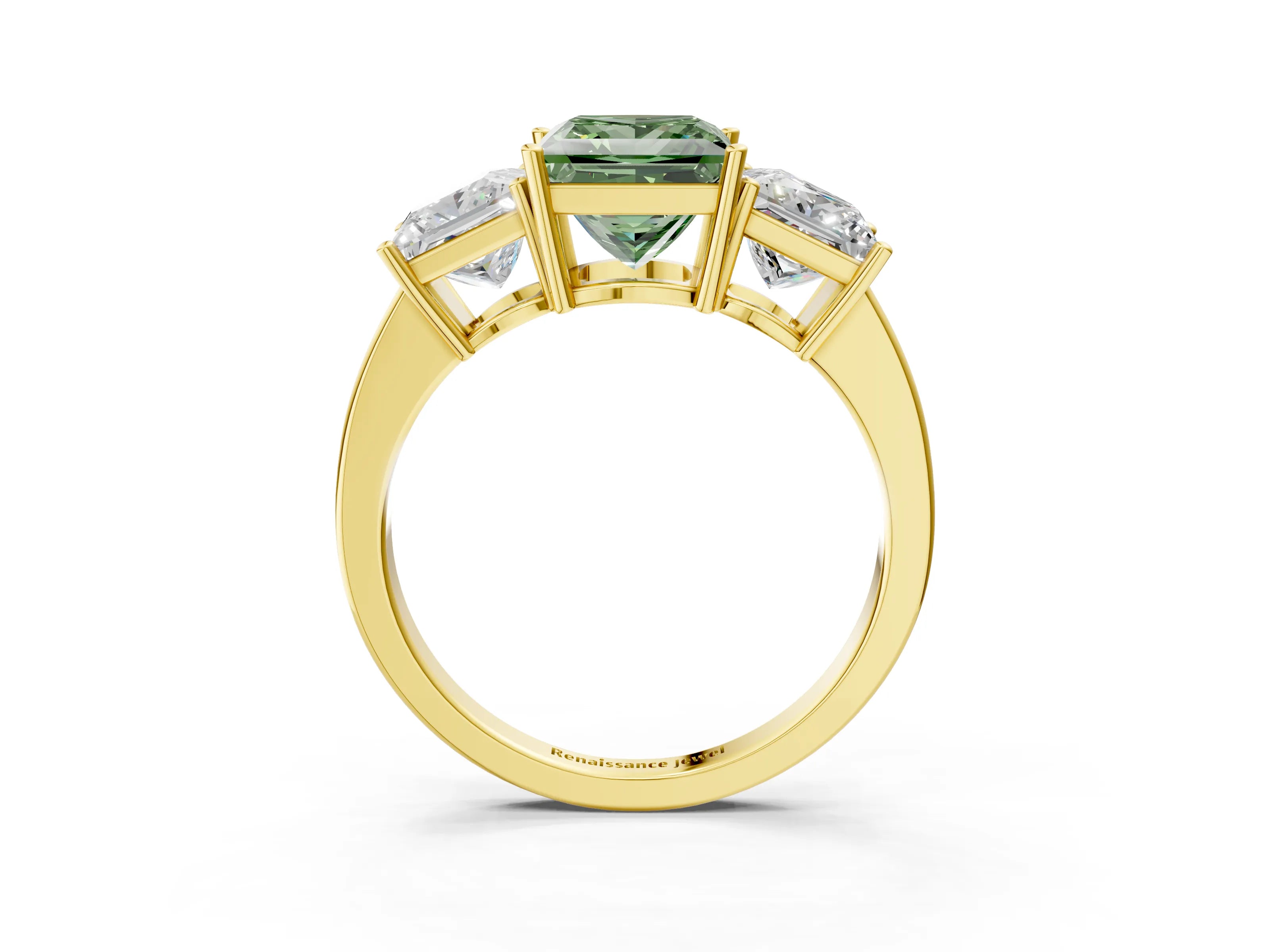 Yellow gold Three-Stone Fancy Green Princess Cut Cut Diamond Engagement Ring with Flat Band and Four-Prong Setting_15