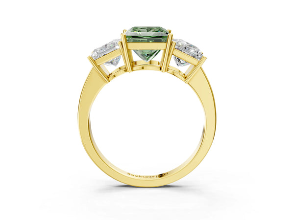Yellow gold Three-Stone Fancy Green Princess Cut Cut Diamond Engagement Ring with Flat Band and Four-Prong Setting
