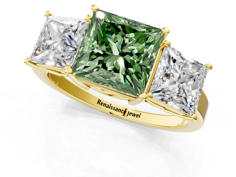 Yellow gold Three-Stone Fancy Green Princess Cut Cut Diamond Engagement Ring with Flat Band and Four-Prong Setting_1